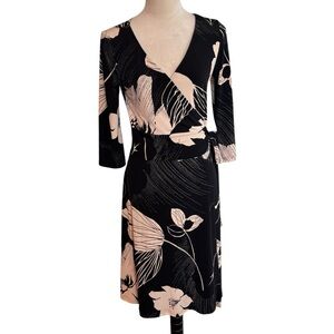 Jones New York Black Cream Floral Long Sleeve Wrap Dress 4 Office Careerwear